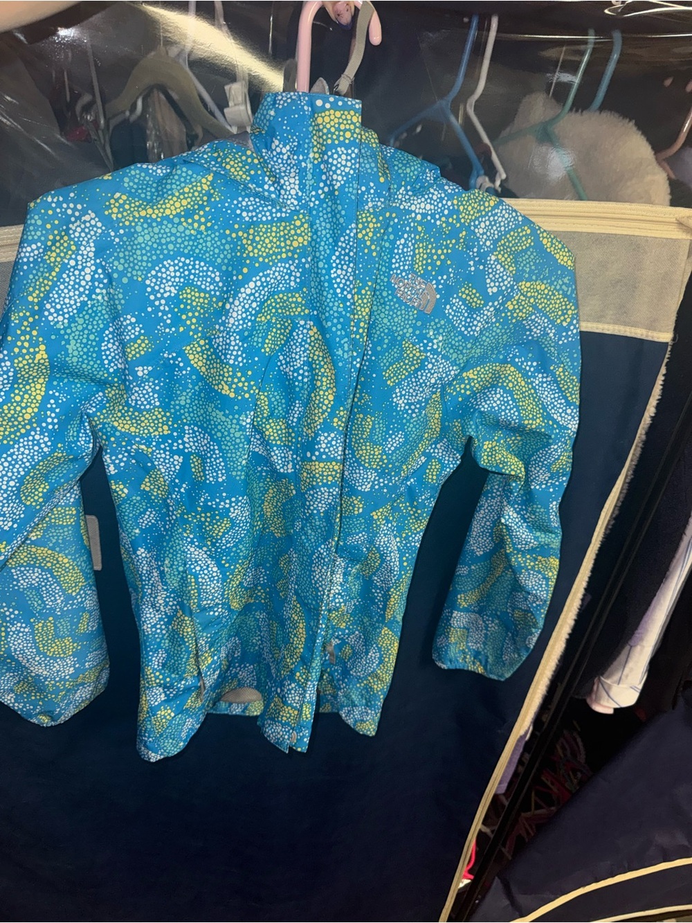 The North Face Girls M Blue Teal & Lime Dot-Print Shell Rain Jacket